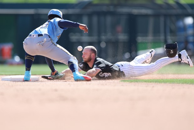 GLENDALE, ARIZONA - FEBRUARY 22: Dru Baker #87 of the Chicago White Sox steals second base during the fourth inning of the spring training game against the Milwaukee Brewers at Camelback Ranch on February 22, 2026 in Glendale, Arizona. (Photo by Jeremy Chen/Getty Images)