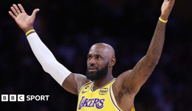 LeBron James of the Los Angeles Lakers celebrates a play during a game against the Los Angeles Clippers on 20 February 2026