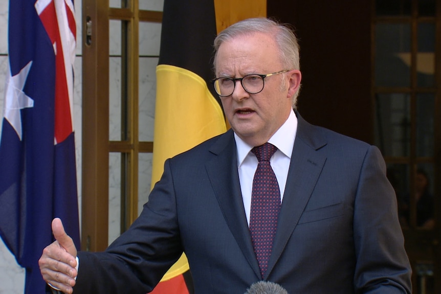 Prime Minister Anthony Albanese stands at a lecturn talking to the media