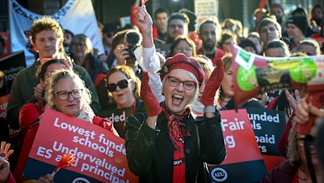 State school teachers protest outside the office of Education Minister Ben Carroll in Niddrie last month.