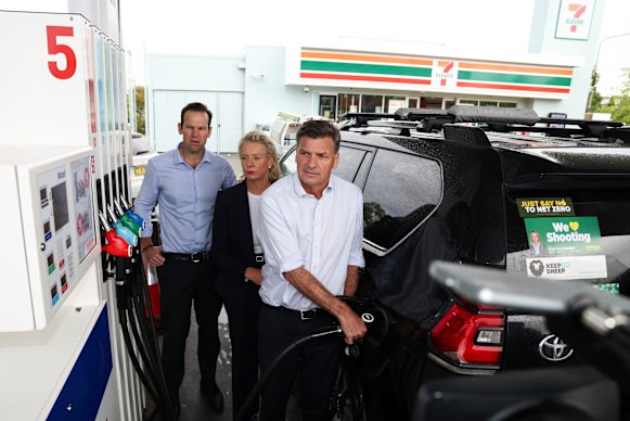 Nationals leader Senator Matt Canavan, Shadow Minister for Infrastructure, Transport and Regional Development Senator Bridget McKenzie and Opposition Leader Angus Taylor fill up. 