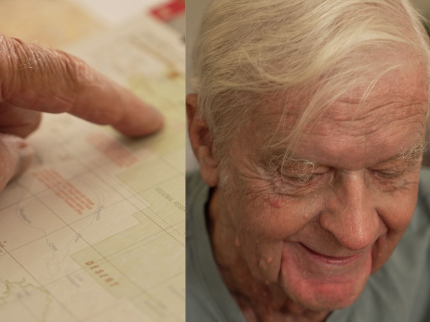 Two images side-by-side, one of finger close up pointing at lines on map. The other close up of a man's face, smiling. He is 81