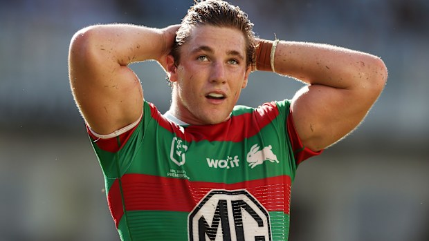 SYDNEY, AUSTRALIA - MARCH 22:  Jamie Humphreys of the Rabbitohs looks on during the round three NRL match between Cronulla Sharks and South Sydney Rabbitohs at Sharks Stadium, on March 22, 2025, in Sydney, Australia. (Photo by Matt King/Getty Images)