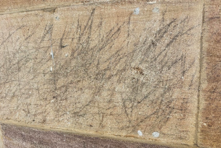 Black marks along a wall. 