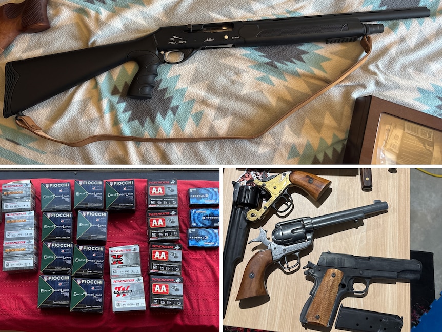 A composite of guns, ammo.