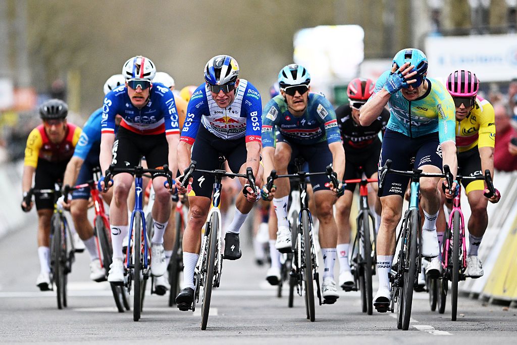 MONTARGIS, FRANCE - MARCH 09: Max Kanter of Germany and Team XDS Astana (R) celebrates at finish line as stage winner ahead of Dorian Godon of France and Team INEOS Grenadiers, Laurence Pithie of New Zealand and Team Red Bull - BORA - hansgrohe, Jasper Stuyven of Belgium and Team Soudal Quick-Step, and Luke Lamperti of United States and Team EF Education - EasyPost - Yellow leader jersey during the 84th Paris-Nice 2026, Stage 2 a 187km stage from Epone to Montargis / #UCIWT / on March 09, 2026 in Montargis, France. (Photo by Szymon Gruchalski/Getty Images)