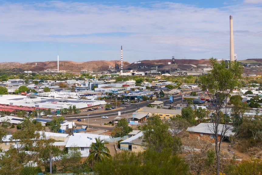 landscape shot of mount isa from a lookout, showing the mine and cbd.