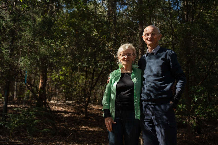 Man and woman standing in forest, pose for portrait