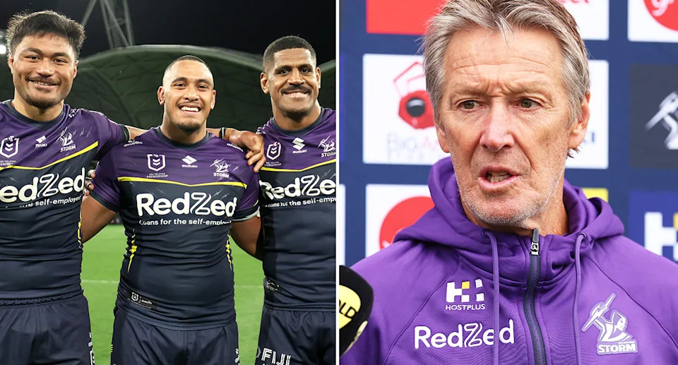 Melbourne forward Tui Kamikamica (L image, right side) is recovering in hospital after a medical episode on Monday, in another sad blow for coach Craig Bellamy's (R) side. Pic: Getty