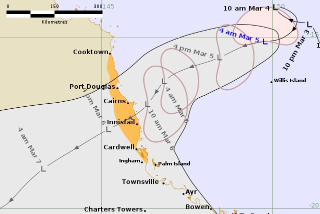 Weather bureau map showing track of low heading towards Cairns and Innisfail
