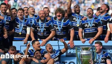 Bath celebrate winning the Premiership title in 2025