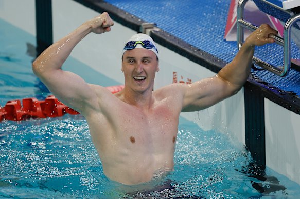 Cam McEvoy celebrates after winning the gold medal in the men’s 50m freestyle at the China Open.