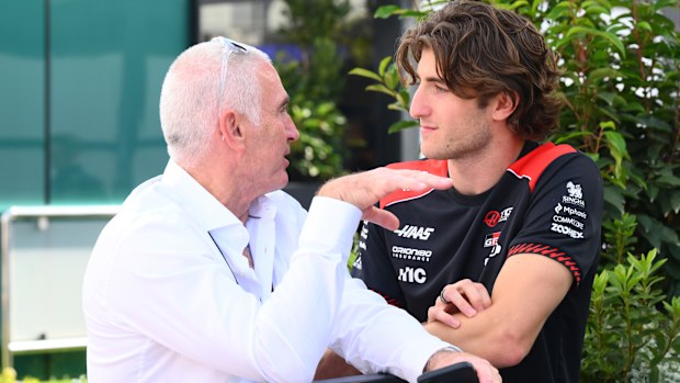 Mick Doohan and Jack Doohan of Australia and Haas F1 talk in the Paddock prior to final practice ahead of the F1 Grand Prix of Australia at Albert Park Grand Prix Circuit on March 07, 2026 in Melbourne, Australia. (Photo by Simon Galloway/LAT Images)