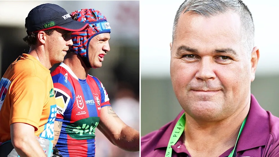 Manly Sea Eagles coach Anthony Seibold (pictured right) has come under pressure after his side suffered their second loss of the season, while the Newcastle Knights lost both Kalyn Ponga (pictured left) and Dylan Brown were injured in the game. (Images: Getty Images)
