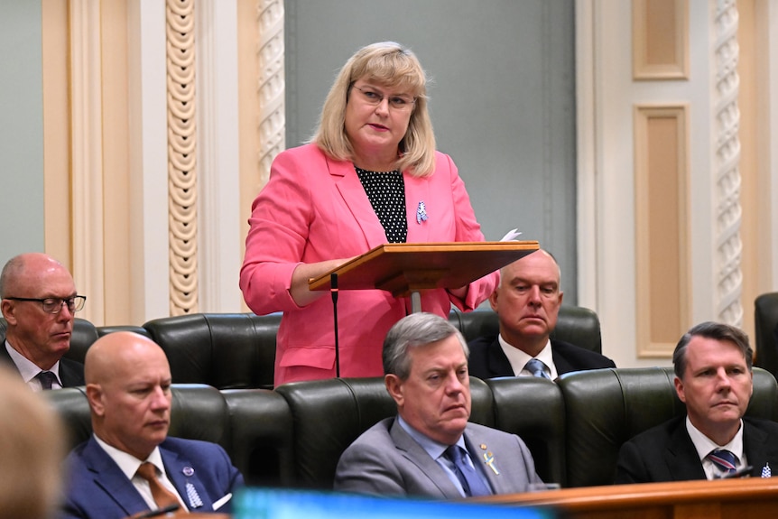 A woman in a pink suit speaking in Queensland state parliament