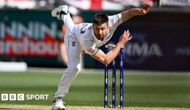 Mark Wood of England bowls during day two of the First 2025-26 Ashes Series Test between Australia and England at Perth Stadium
