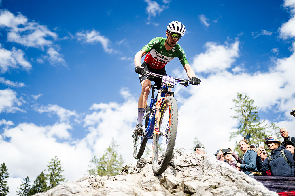 LENZERHEIDE, SWITZERLAND - SEPTEMBER 21: Luca Briadot of Italy competes during the Cross Country Olympic (XCO) race during the UCI Mountain Bike World Series Lenzerheide on September 21, 2025 in Lenzerheide, Switzerland. (Photo by Billy Ceusters/Getty Images)
