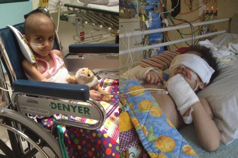 A composite image of a sick girl, sitting in a wheelchair and later laying in bed.