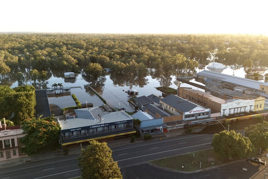 old buildings flooded, aerial shot