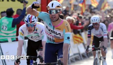 Britain's Ethan Vernon wins a sprint finish