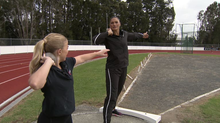 Dame Valerie Adams gave Breakfast's Lucy Bendell some shotput tips ahead of the March 7 release of Track Stars on TVNZ 1 and TVNZ+.