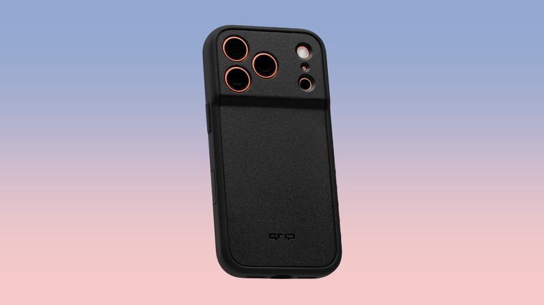 Dbrand Grip case for an iPhone against a gradient background