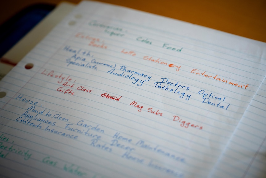 A lined piece of paper with budget items listed in different colours, including 'lifestyle', 'house' and 'entertainment'.