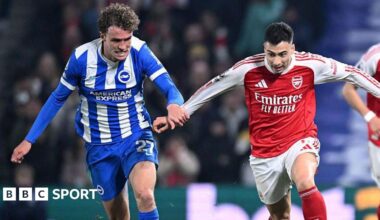 Gabriel Martinelli of Arsenal runs ahead of Mats Wieffer of Brighton & Hove Albion