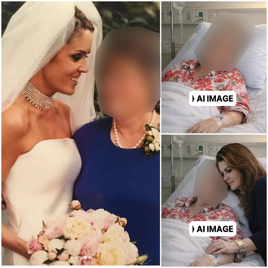 A photo of a woman in a wedding dress with a woman wearing a blue dress and pearls. On the right the blue dress woman is sick