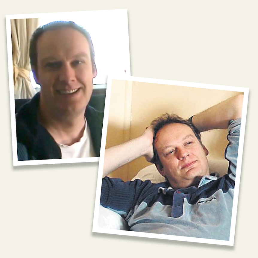 A composite image of a man; in one picture he is reclining with his hands behind his head.