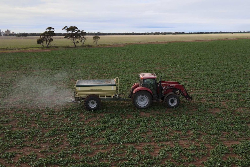 A tractor tows a large trailer through a green field, the trailer is spreading white powdered fertiliser from the back.
