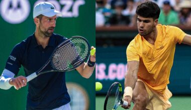 Novak Djokovic and Carlos Alcaraz in action at the BNP Paribas Open on Saturday.