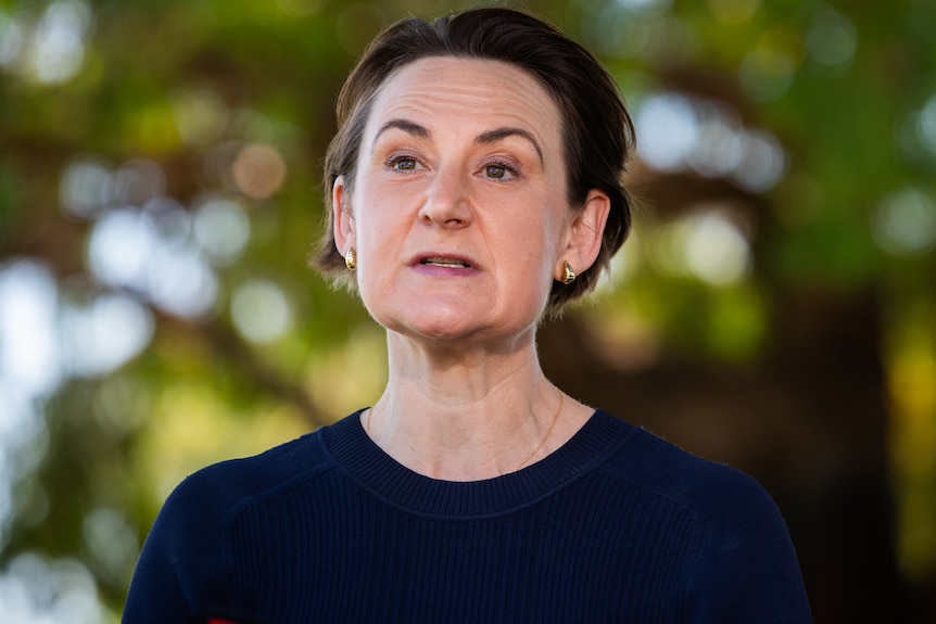 A middle-aged woman with short, dark hair wears a dark top as she stands in front of some trees and speaks to the media.