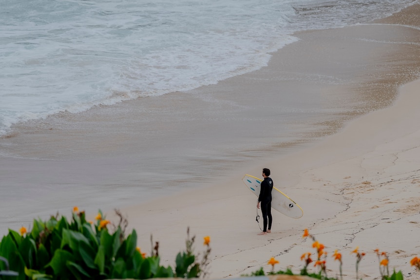 A man in a wetsuit holding a surfboard looks out at the ocean whilst standing on sand.