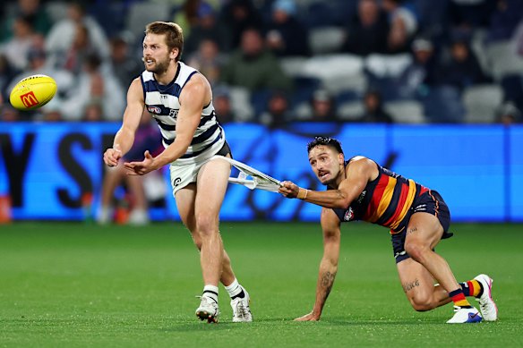 Tom Atkins was the beneficiary of a controversial umpiring call in the win over the Crows.