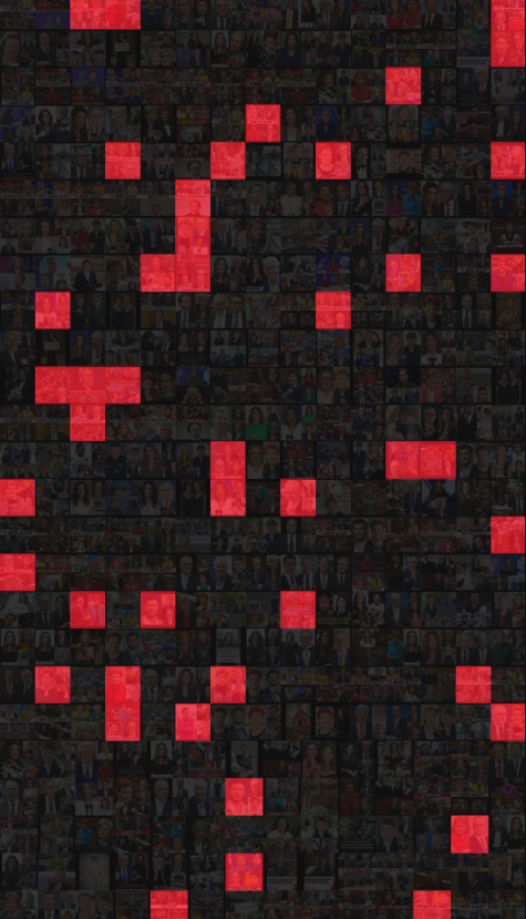 A large mosaic. Most squares are blacked out but 45 are red.