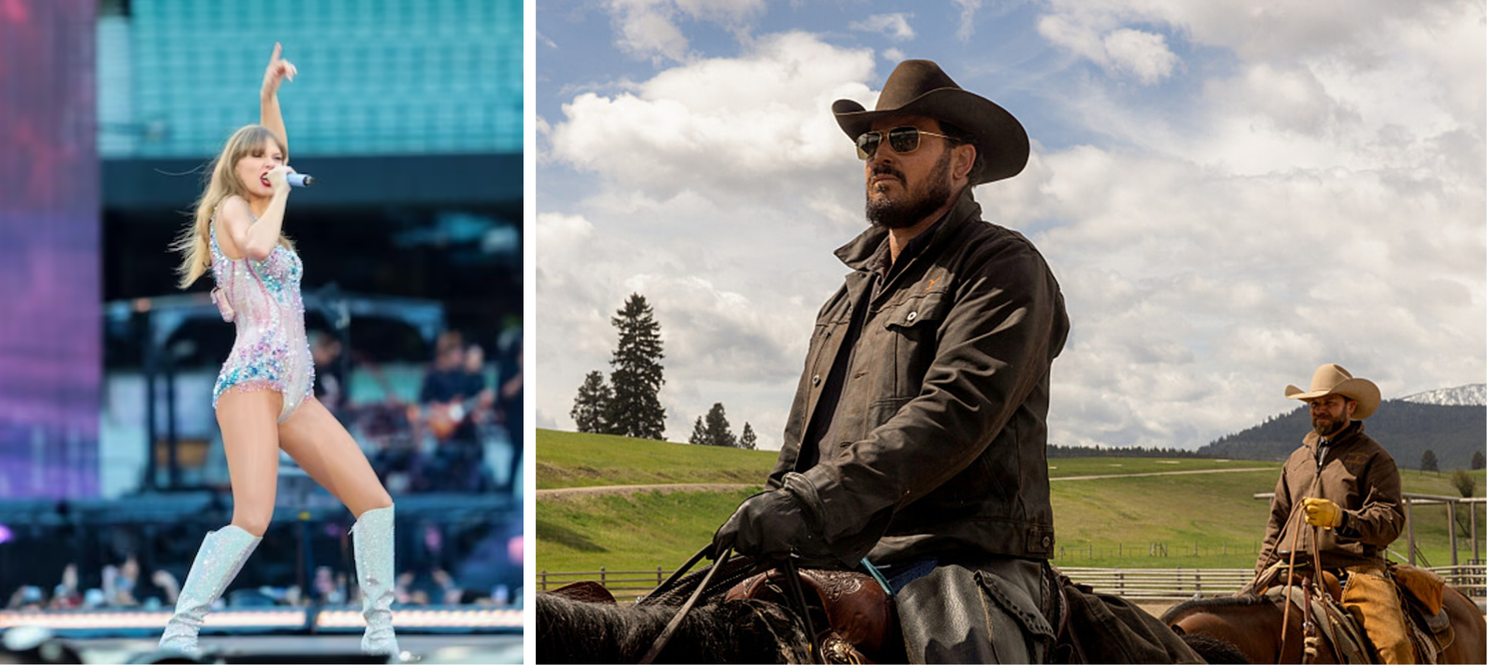 Taylor Swift performs in sparkling cowgirl boots. Two cowboys on horseback in a scenic landscape.
