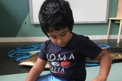 A young boy playing with toys. 