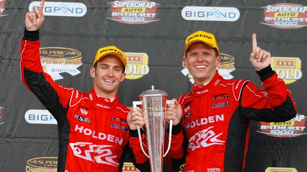Will Davison (left) and Garth Tander (right) of the Holden Racing Team celebrate winning the Supercheap Auto Bathurst 1000, event 10 of the Australian V8 Supercar Championship Series at the Mount Panorama Circuit, Bathurst, New South Wales, October 11, 2009.
