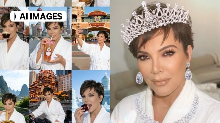 A set of AI-generated images: on the right, a woman is wearing a white bathrobe and a crown.