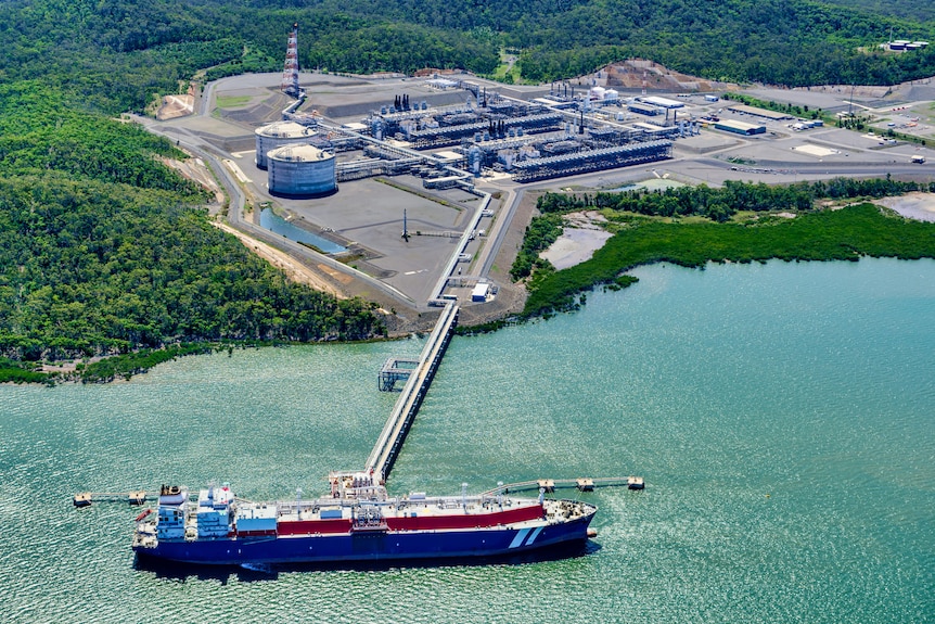 Liquefied natural gas plant and LNG ship on Curtis Island, Queensland.