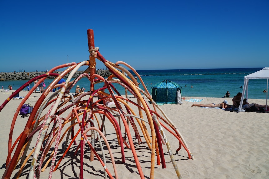 Art pieces installed at a beach