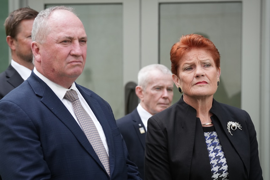 Barnaby Joyce stands with Pauline Hanson. They have serious looks on their faces.