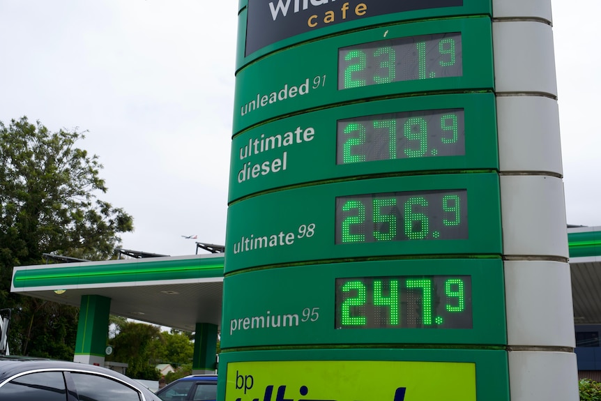 Prices on a BP petrol station sign
