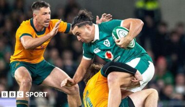James Lowe is tackled by James O'Connor and Jake Gordon during Ireland's win over Australia last November