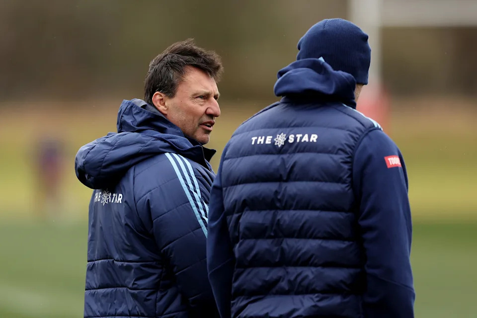 Blues head coach Laurie Daley looks on during a session.