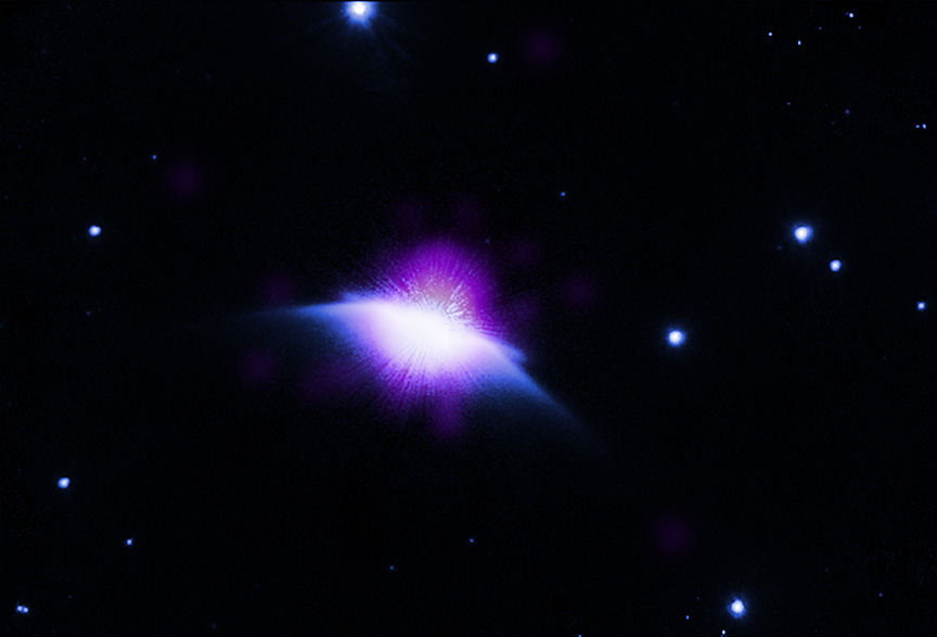 Purple light streams off a a white star in space