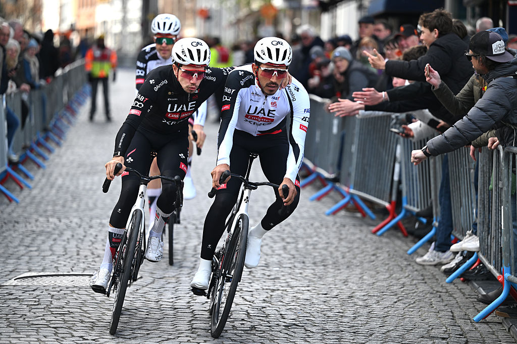 BRUGES, BELGIUM - MARCH 25: (L-R) Rui Oliveira of Portugal and Juan Sebastian Molano of Colombia and UAE Team Emirates - XRG prior to the 50th Ronde Van Brugge - Tour of Bruges 2026 - Men&amp;apos;s Elite a 202.9km one day race from Bruges to Bruges / #UCIWT / on March 25, 2026 in Bruges, Belgium. (Photo by Luc Claessen/Getty Images)