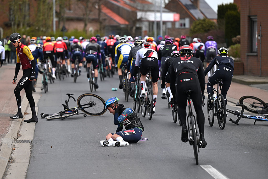 BRUGES, BELGIUM - MARCH 25: Fabio Van den Bossche of Belgium and Team Soudal Quick-Step after being involved in a crash during the 50th Ronde Van Brugge - Tour of Bruges 2026 - Men&amp;apos;s Elite a 202.9km one day race from Bruges to Bruges / #UCIWT / on March 25, 2026 in Bruges, Belgium. (Photo by Luc Claessen/Getty Images)