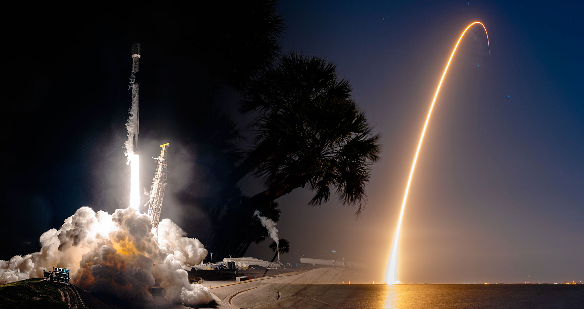 a montage of two photographs showing nighttime rocket launches, including a time lapse exposure